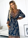 numoco Plisirana midi haljina s dekolteom, dugim rukavima i crnim remenom - plavo-smeđi uzorak Numoco