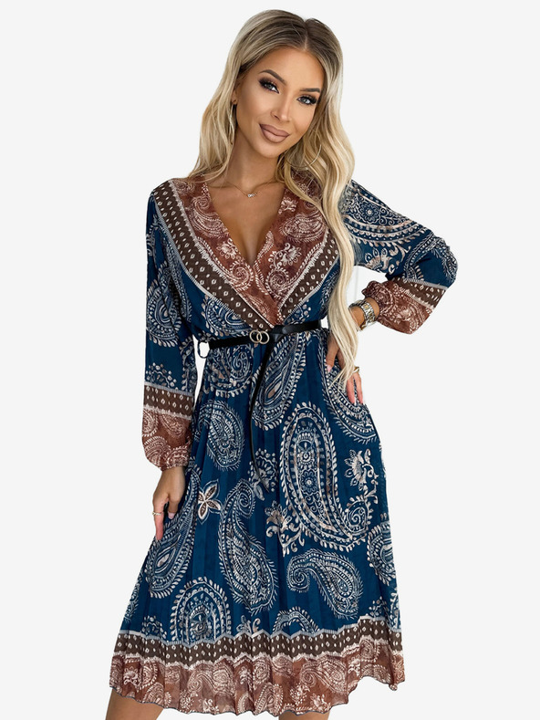 numoco Plisirana midi haljina s dekolteom, dugim rukavima i crnim remenom - plavo-smeđi uzorak Numoco