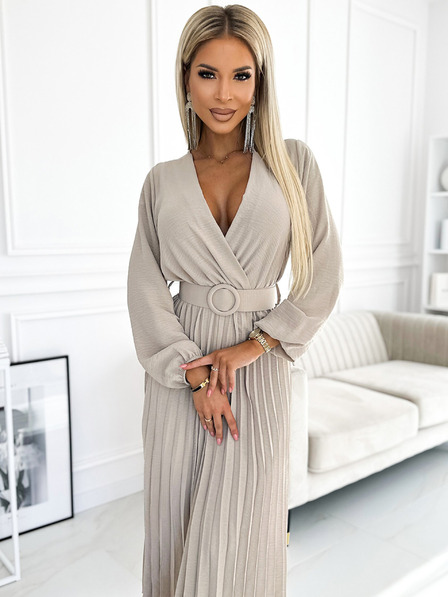 numoco VIVIANA Midi haljina s nabranim izrezom i dugim rukavima sa širokim remenom - bež Numoco