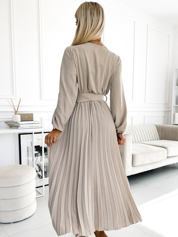numoco VIVIANA Midi haljina s nabranim izrezom i dugim rukavima sa širokim remenom - bež Numoco