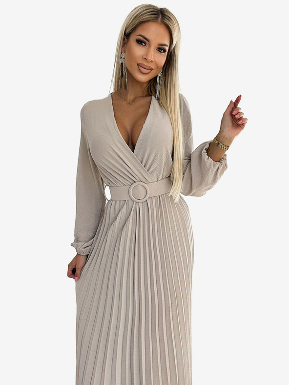 numoco VIVIANA Midi haljina s nabranim izrezom i dugim rukavima sa širokim remenom - bež Numoco