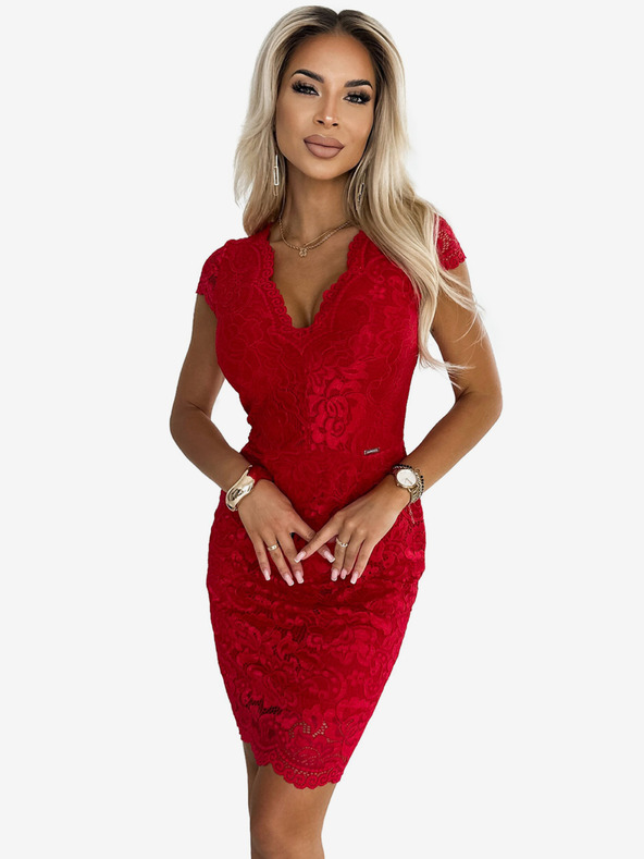 numoco Čipkasta haljina kratkih rukava i dekoltea - crvena Numoco