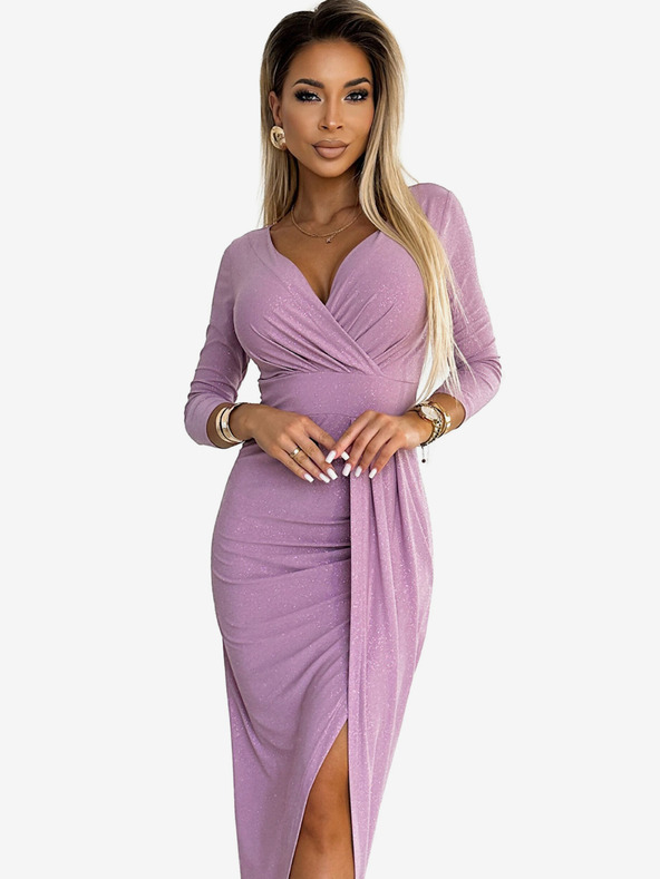 numoco Svjetlucava haljina s širokim izrezom i podijeljenim nogavicama - prašnjavo ružičasta sa svjetlucavim Numoco