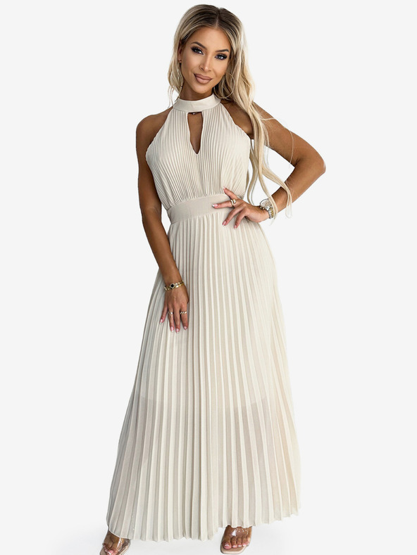 numoco Plisirana midi haljina s padajućim izrezom - bež Numoco