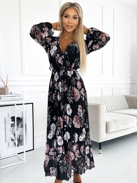 numoco Midi haljina s dugim rukavima i vezanjem u struku s izrezom - crna s ružičastim cvjetovima Numoco