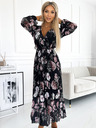 numoco Midi haljina s dugim rukavima i vezanjem u struku s izrezom - crna s ružičastim cvjetovima Numoco