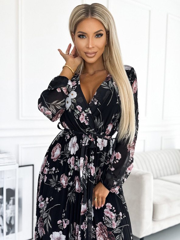 numoco Midi haljina s dugim rukavima i vezanjem u struku s izrezom - crna s ružičastim cvjetovima Numoco