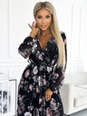 numoco Midi haljina s dugim rukavima i vezanjem u struku s izrezom - crna s ružičastim cvjetovima Numoco