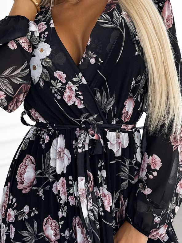 numoco Midi haljina s dugim rukavima i vezanjem u struku s izrezom - crna s ružičastim cvjetovima Numoco