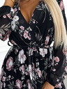 numoco Midi haljina s dugim rukavima i vezanjem u struku s izrezom - crna s ružičastim cvjetovima Numoco