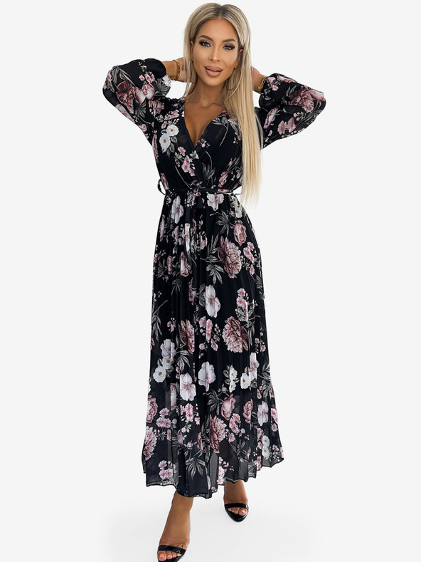 numoco Midi haljina s dugim rukavima i vezanjem u struku s izrezom - crna s ružičastim cvjetovima Numoco