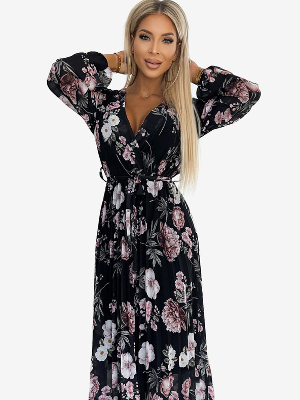 numoco Midi haljina s dugim rukavima i vezanjem u struku s izrezom - crna s ružičastim cvjetovima Numoco