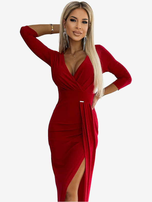 numoco Sjajna haljina s dekolteom i prorezom na nogavici - Numoco crvena boja