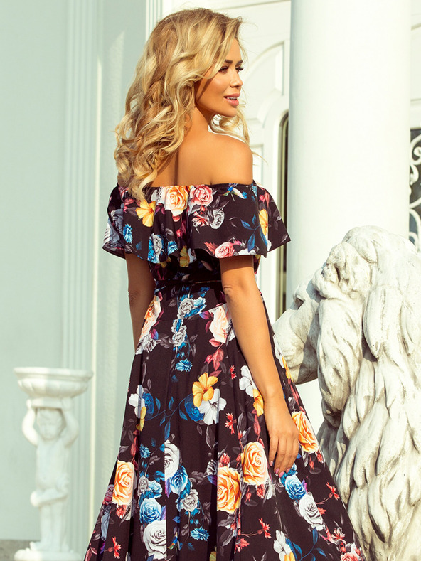 numoco Duga haljina s volanima - crna + šareno cvijeće Numoco