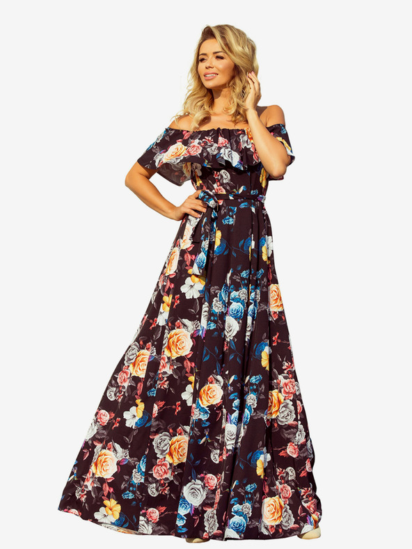 numoco Duga haljina s volanima - crna + šareno cvijeće Numoco