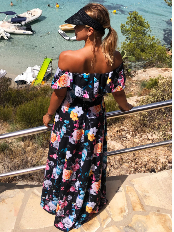 numoco Duga haljina s volanima - crna + šareno cvijeće Numoco