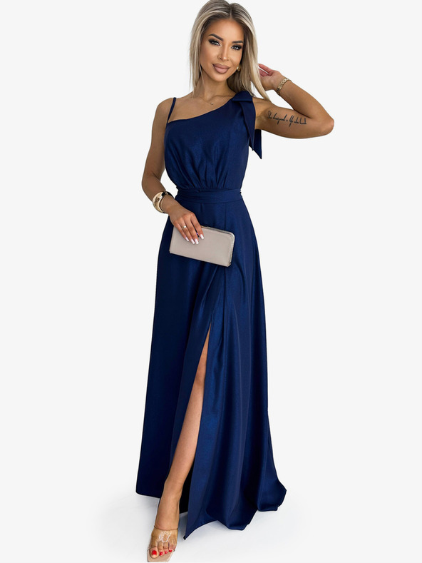 numoco Dugačka sjajna haljina na jedno rame s mašnom - tamnoplava Numoco