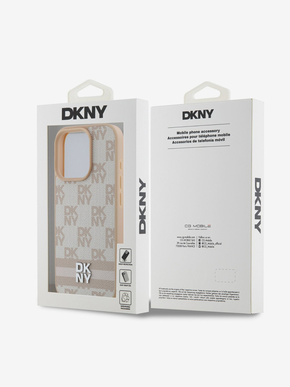 DKNY DKNY PU kožna stražnja maska ​​s kariranim uzorkom i prugama za iPhone 16 Pro, ružičasta