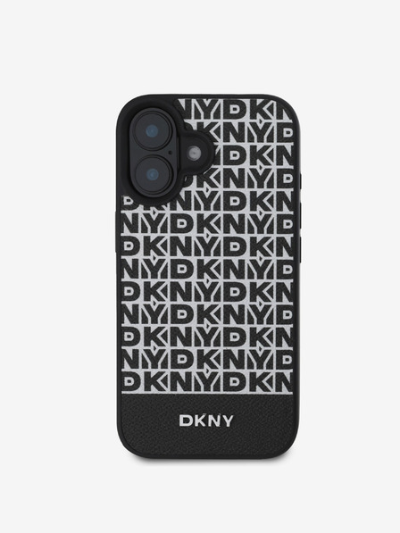 DKNY PU Leather Repeat Pattern Bottom Stripe MagSafe Zadní Kryt pro iPhone 16 Black Etui za telefon
