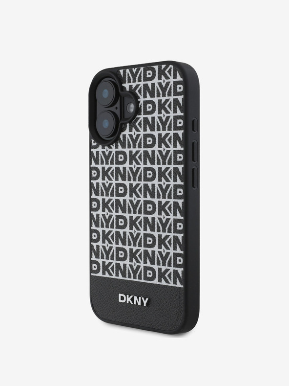 DKNY PU Leather Repeat Pattern Bottom Stripe MagSafe Zadní Kryt pro iPhone 16 Black Etui za telefon