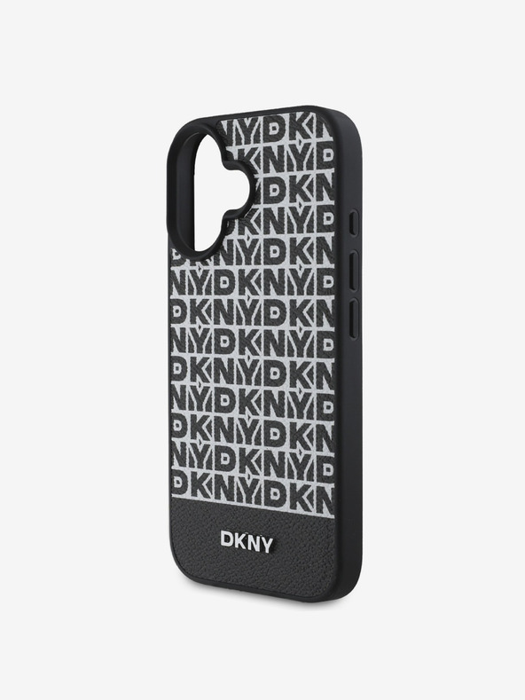 DKNY PU Leather Repeat Pattern Bottom Stripe MagSafe Zadní Kryt pro iPhone 16 Black Etui za telefon