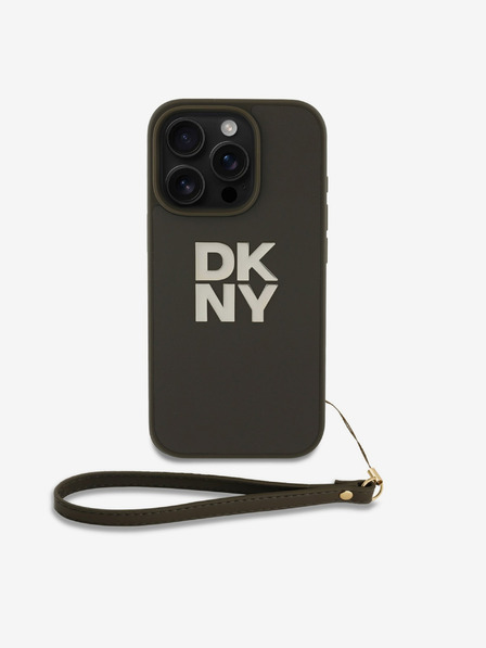 DKNY PU Leather Stack Logo Wrist Strap Zadní Kryt pro iPhone 16 Pro Max Green Etui za telefon