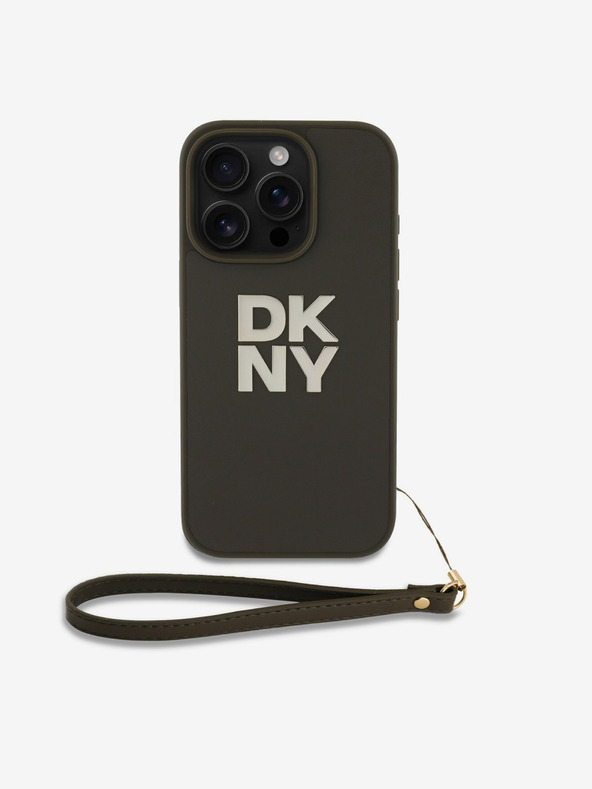 DKNY PU Leather Stack Logo Wrist Strap Zadní Kryt pro iPhone 16 Pro Max Green Etui za telefon