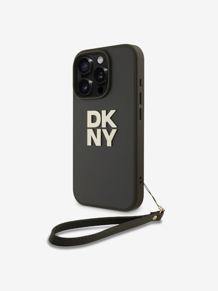 DKNY PU Leather Stack Logo Wrist Strap Zadní Kryt pro iPhone 16 Pro Max Green Etui za telefon