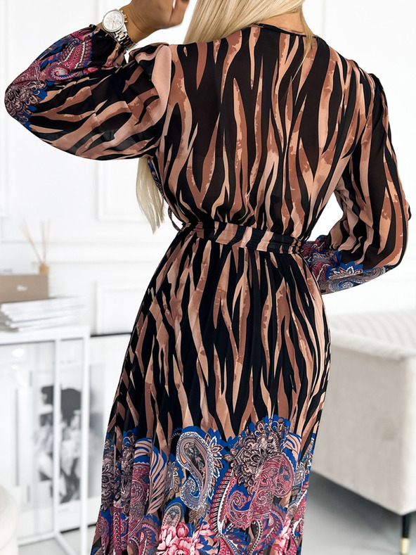 numoco Haljina s naborima u struku i dugim rukavima s izrezom - print tigra + ružičasto cvijeće Numoco