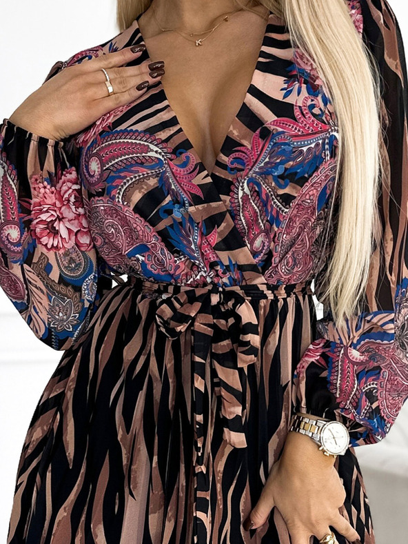 numoco Haljina s naborima u struku i dugim rukavima s izrezom - print tigra + ružičasto cvijeće Numoco