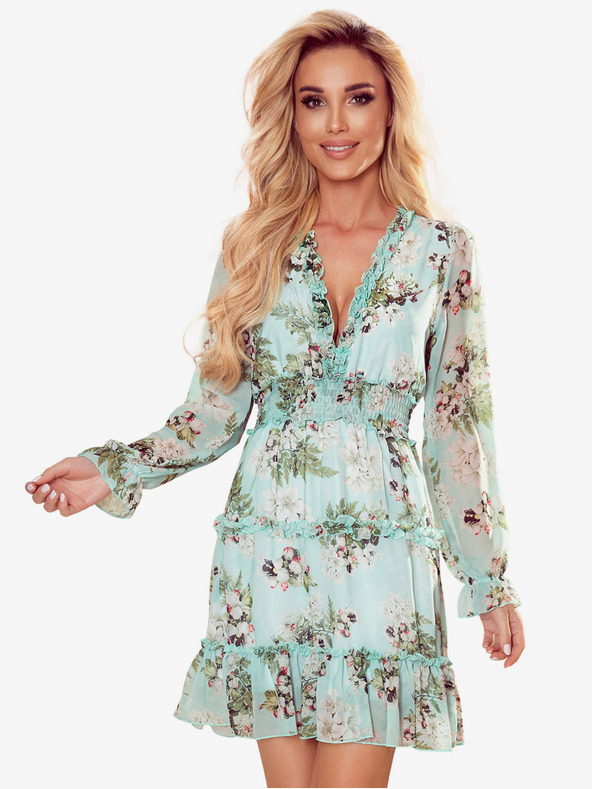 numoco Haljina od šifona s volanima i širokom gumicom - cvjetići na zelenoj pozadini Numoco