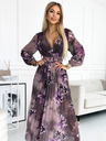 numoco Maxi haljina od plisiranog šifona s dugim rukavima i širokim remenom - ljubičasto veliko cvijeće Numoco