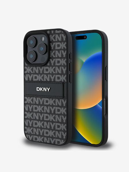 DKNY DKNY PU kožna stražnja maska ​​s ponavljajućim uzorkom u tonskim prugama za iPhone 16 Pro Max crna