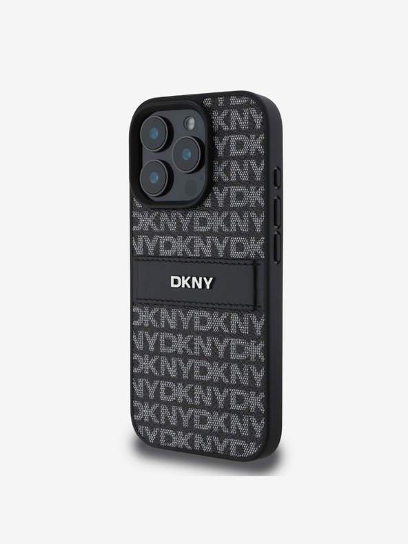 DKNY DKNY PU kožna stražnja maska ​​s ponavljajućim uzorkom u tonskim prugama za iPhone 16 Pro Max crna