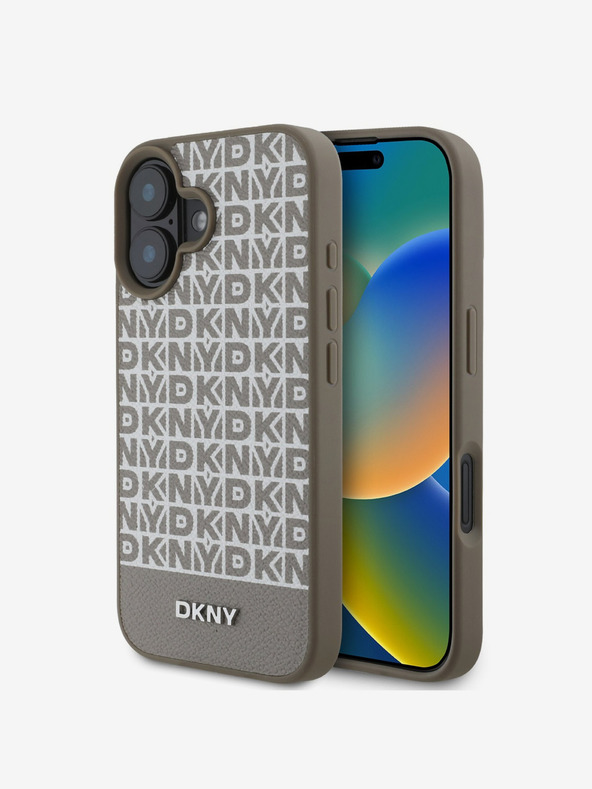 DKNY DKNY PU kožna donja traka s ponavljajućim uzorkom MagSafe stražnja maska ​​za iPhone 16 smeđa