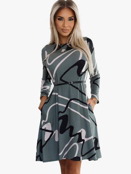 numoco Pulover haljina s remenom - maslinasta s crnim i bež uzorkom Numoco