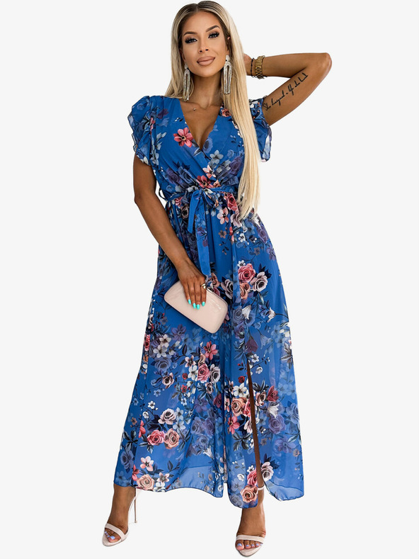 numoco Duga haljina s dekolteom i kratkim rukavima - plava s cvjetićima Numoco ARIA