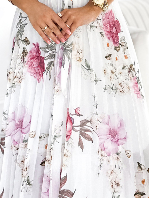 numoco Plisirana midi haljina s dekolteom i volanima - proljetno cvijeće na bijeloj pozadini Numoco LISA