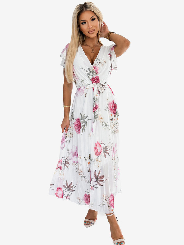 numoco Plisirana midi haljina s dekolteom i volanima - proljetno cvijeće na bijeloj pozadini Numoco LISA