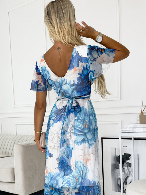 numoco Haljina kratkih rukava s dugim izrezom i dugim vezanjem u struku - plavi veliki cvjetovi - Numoco CINZIA mreža