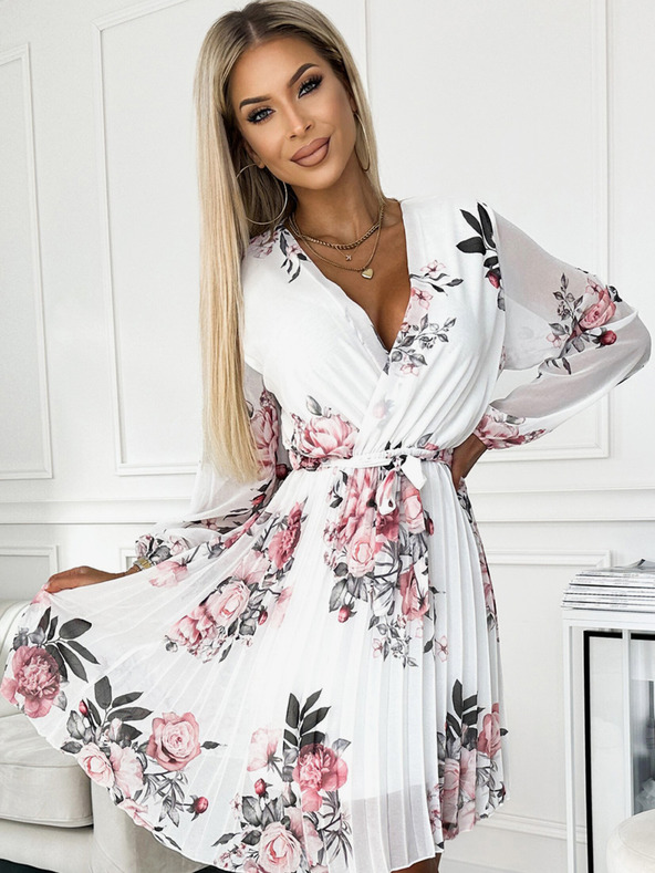 numoco Plisirana haljina s dekolteom, dugim rukavima i remenom - bijela s ružama Numoco YSABELv