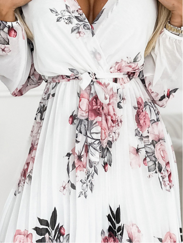 numoco Plisirana haljina s dekolteom, dugim rukavima i remenom - bijela s ružama Numoco YSABELv