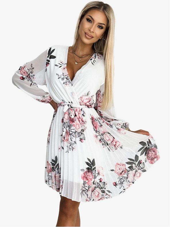 numoco Plisirana haljina s dekolteom, dugim rukavima i remenom - bijela s ružama Numoco YSABELv