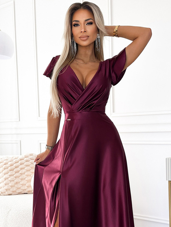 numoco Satenska duga haljina s dekolteom - Boja vina Numoco CRYSTAL