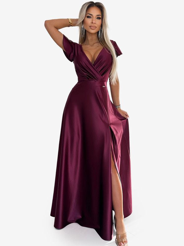 numoco Satenska duga haljina s dekolteom - Boja vina Numoco CRYSTAL