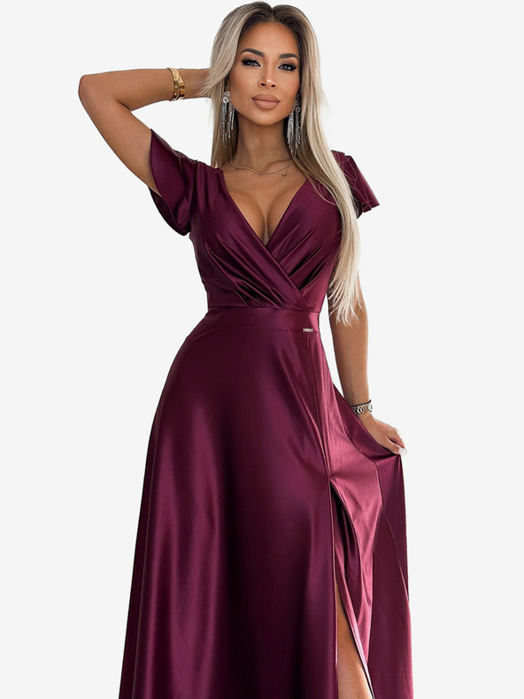 numoco Satenska duga haljina s dekolteom - Boja vina Numoco CRYSTAL