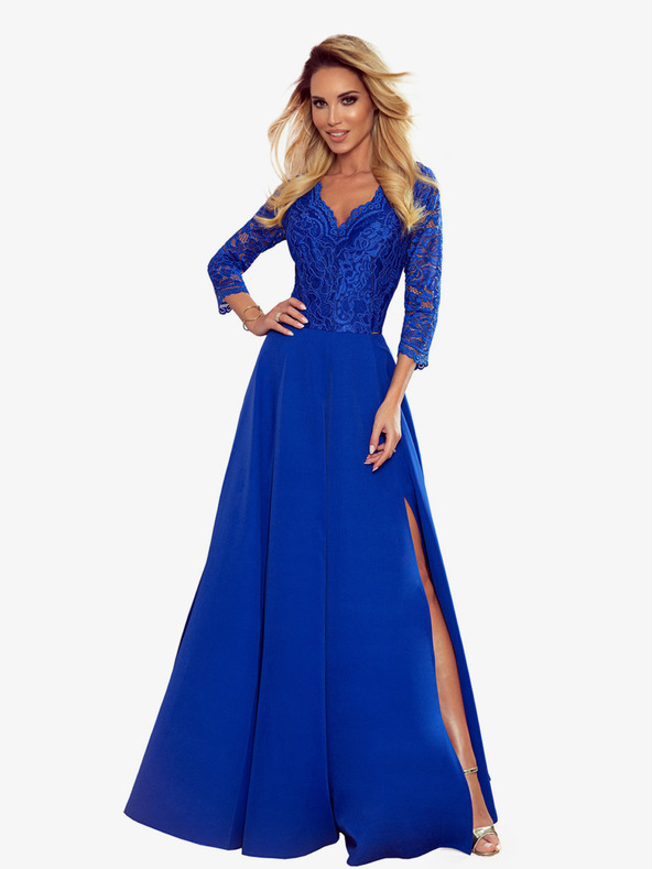 numoco Elegantna duga haljina s dekolteom od čipke - plava Numoco AMBER