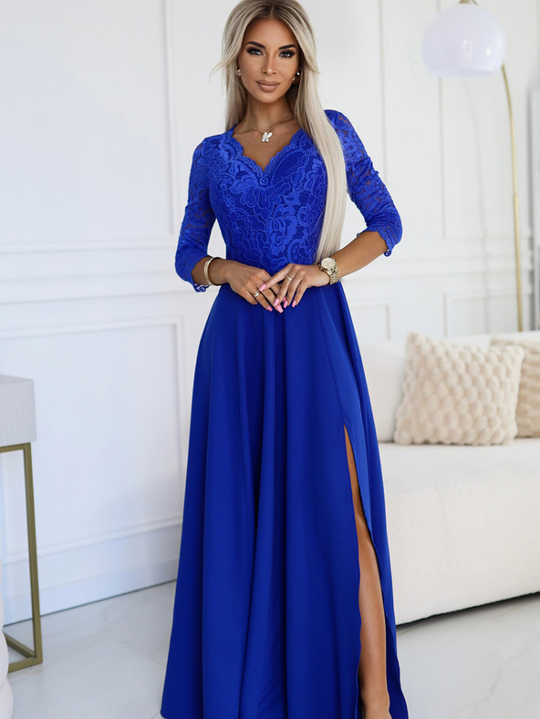 numoco Elegantna duga haljina s dekolteom od čipke - plava Numoco AMBER
