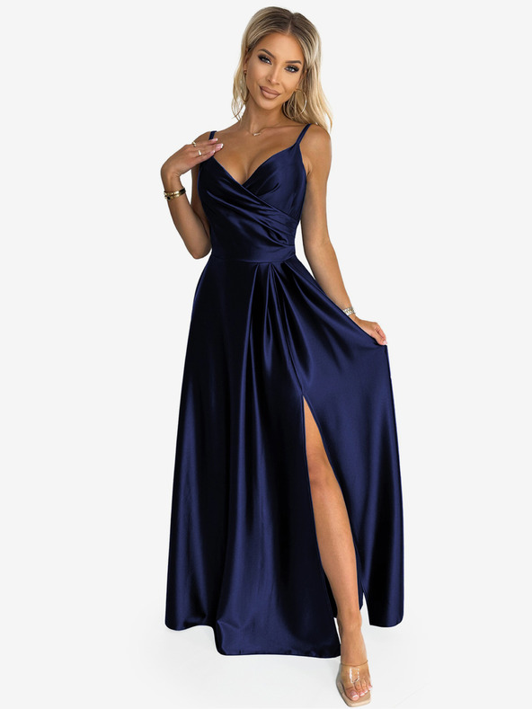 numoco Elegantna satenska maxi haljina na naramenice - tamnoplava Numoco CHIARA