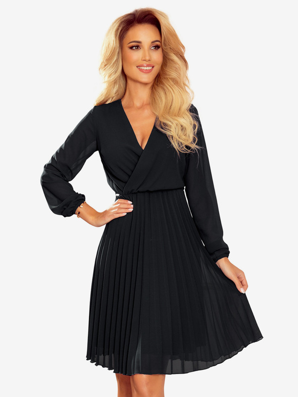 numoco Plisirana haljina s dekolteom i dugim rukavima - Black Numoco ISABELLE